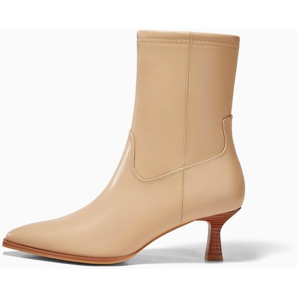 Women's Khaki Pointed Toe Ankle Boots Stacked Kitten Low Heel Side Zipper - Picture 5 of 6